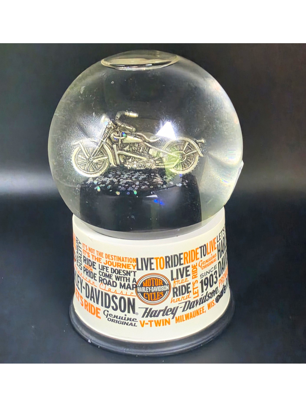 Hallmark Harley-Davidson Motorcycle Water Snow Globe Round Clear Black Orange